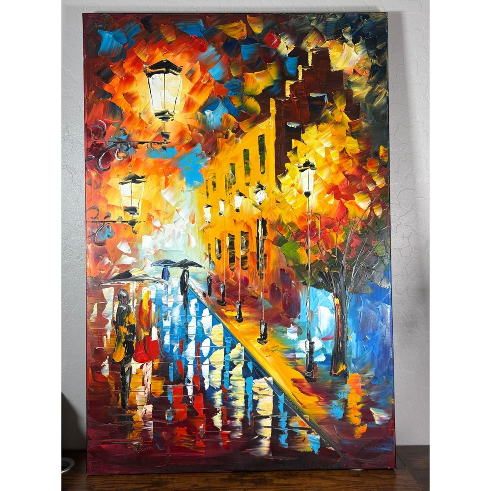 Large Rainy City Night Oil Painting Palette Knife Impressionist Canvas 24x36